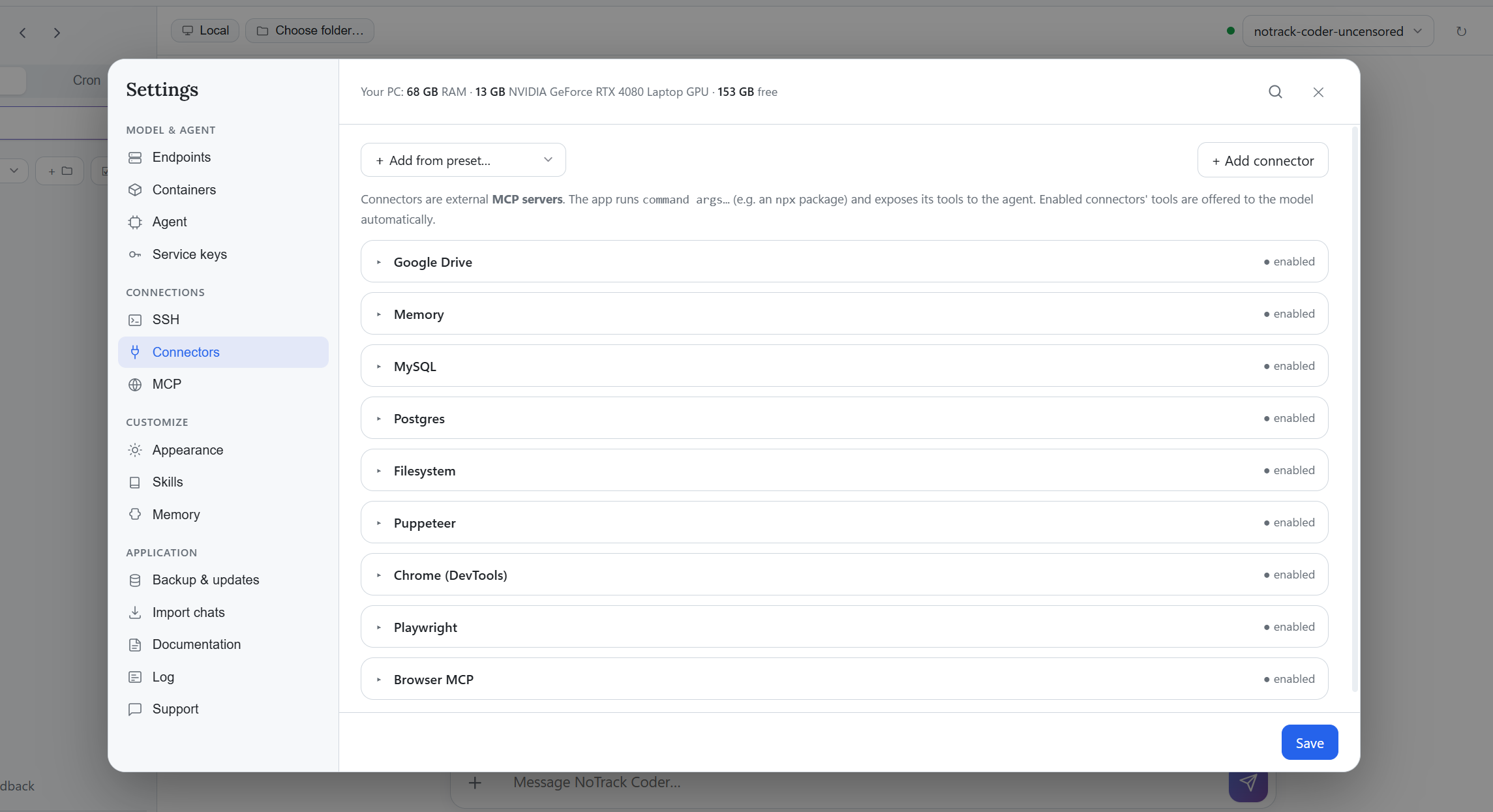 Shared reference: connector settings list external integrations. Exact capabilities depend on the application and chosen setup.