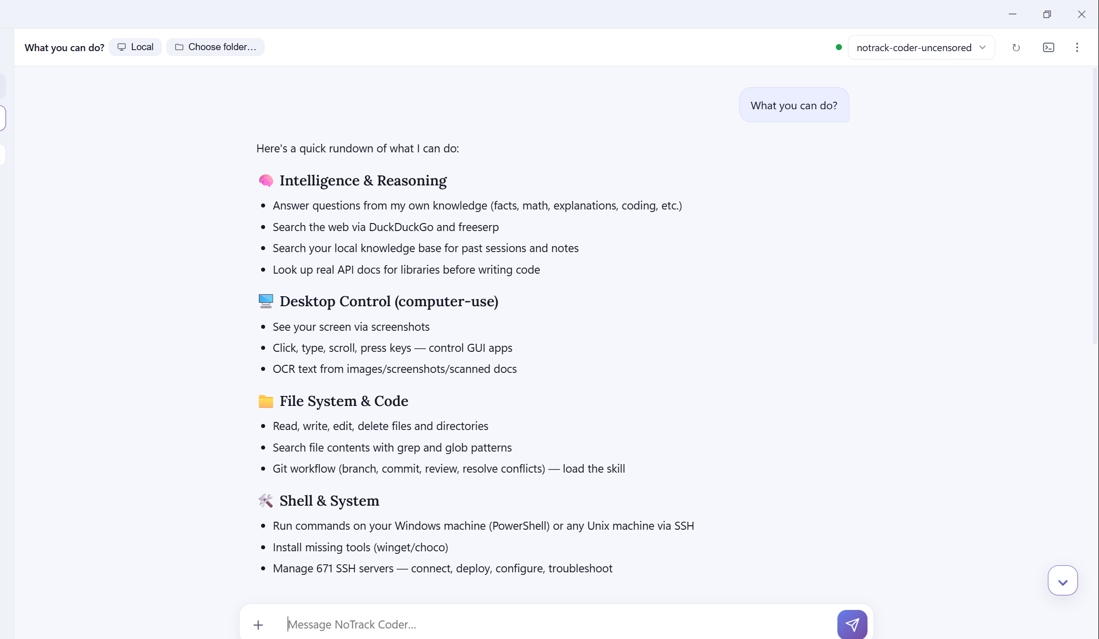 Shared reference: a desktop coding workspace with project selection and a model selector. Final software may differ.